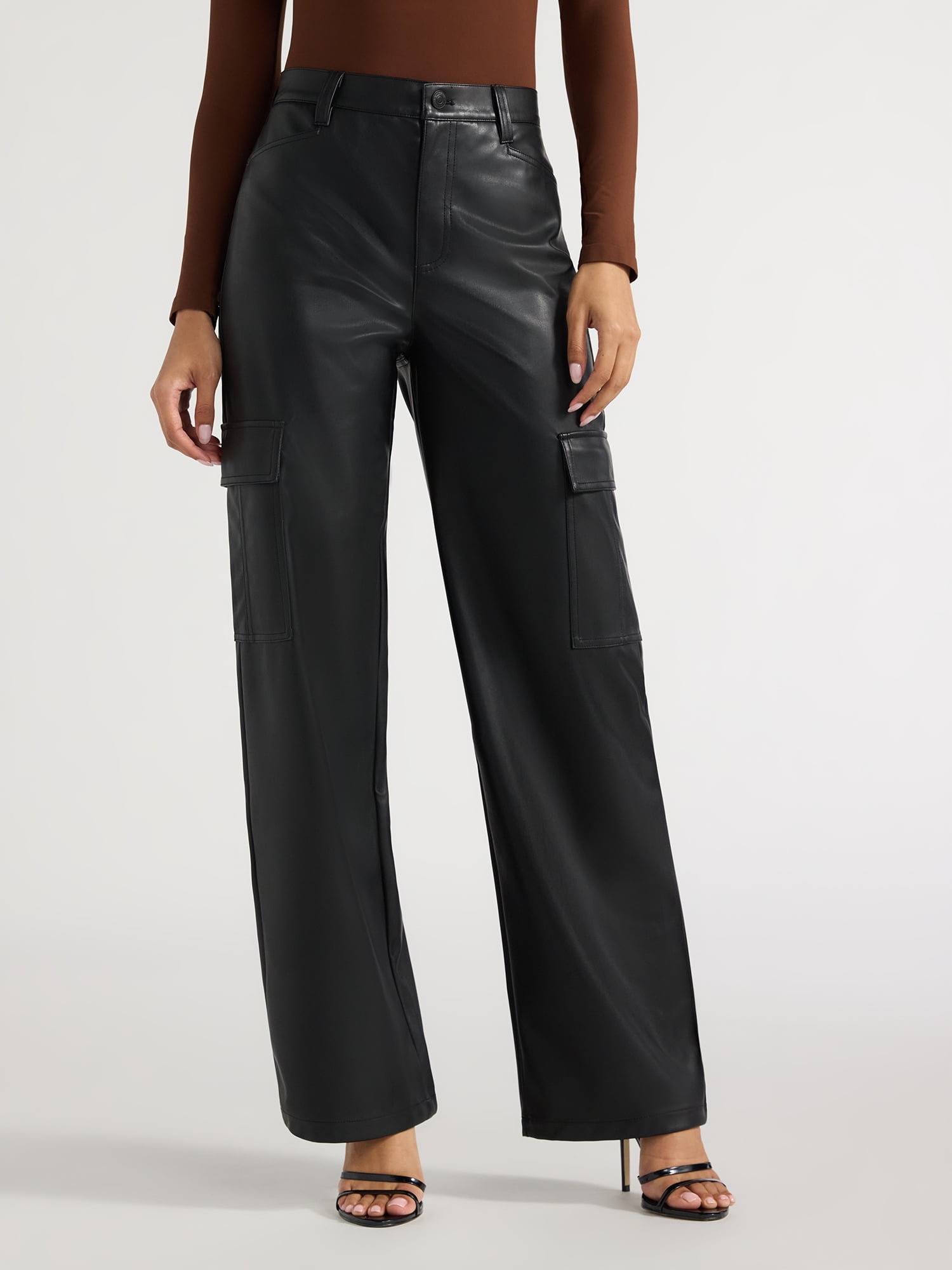 Sofia Jeans Women's Faux Leather Relaxed Straight Cargo Pants, Sizes 0-22