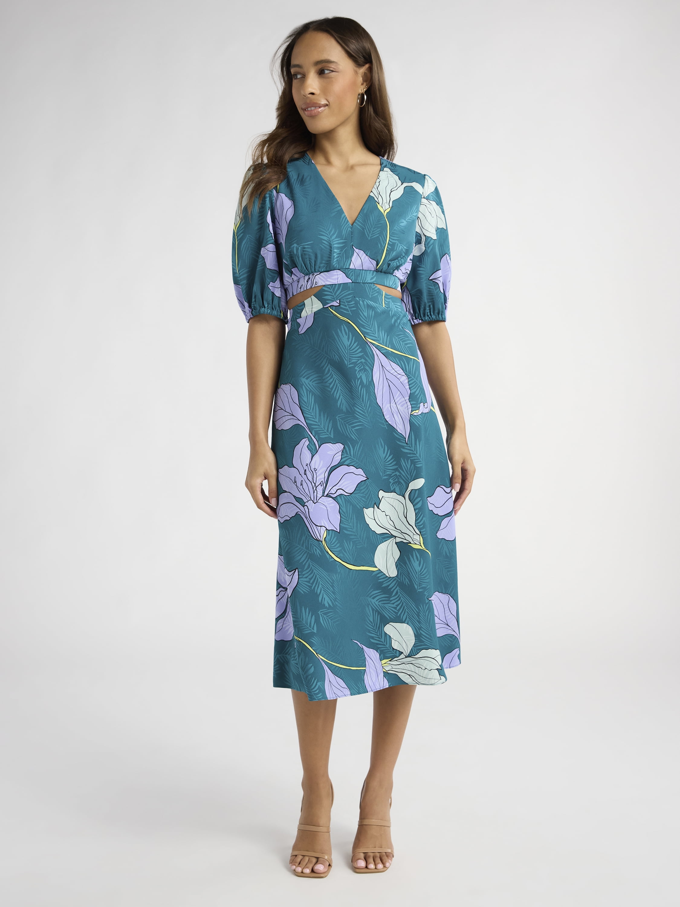 Sofia Jeans Women's and Women's Plus Satin Jacquard Dress, Mid Calf Length, Sizes XS-4X