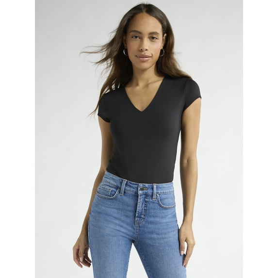 Sofia Jeans Women's Scuba Knit V Neck Bodysuit, Sizes XS-XXXL