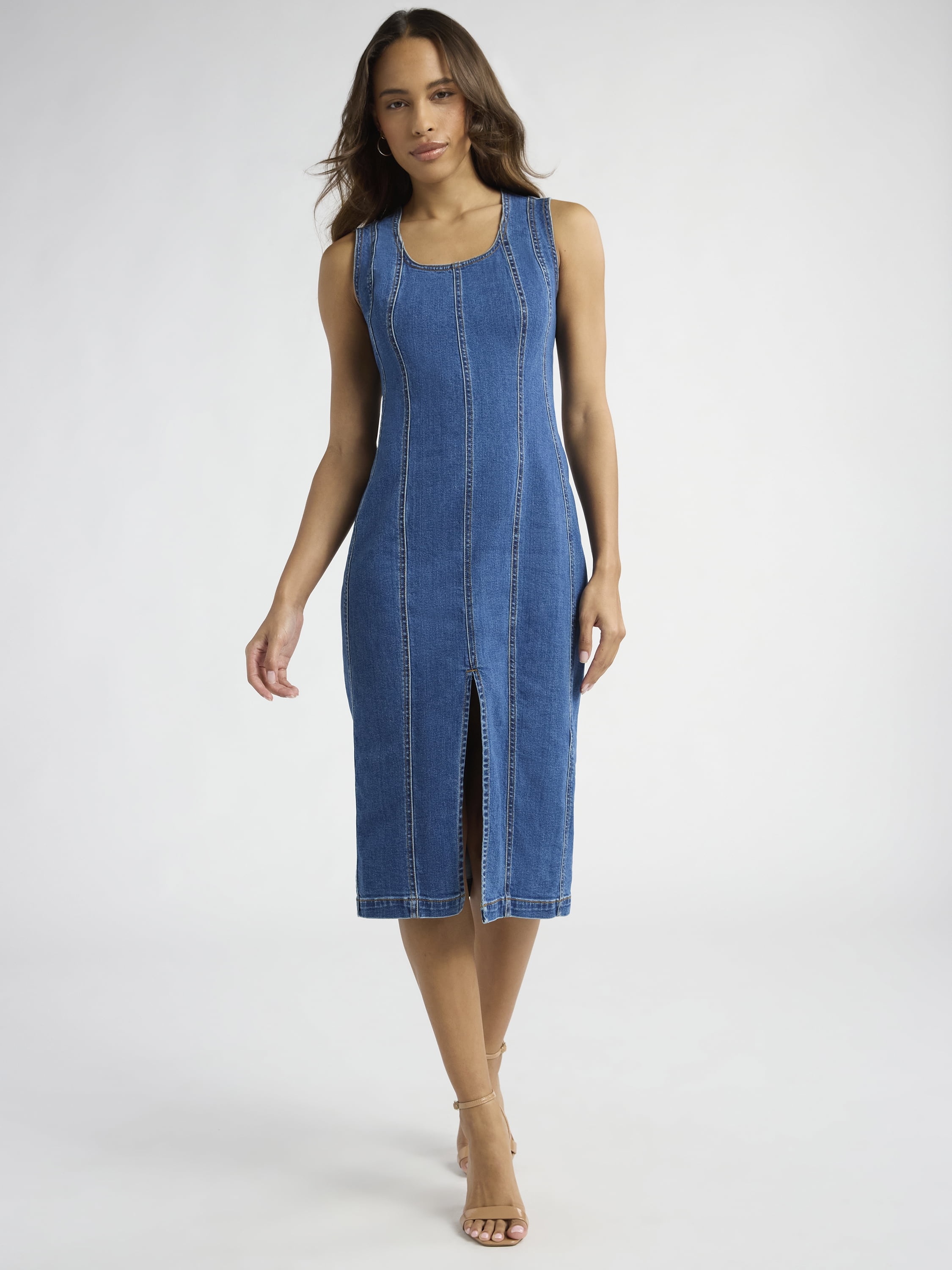 slim fit dress slacks Bebe Women's Strapless Ombre Fitted Denim Dress, Size 8 in True Blue Ombre Wash Cotton/Spandex main image 0