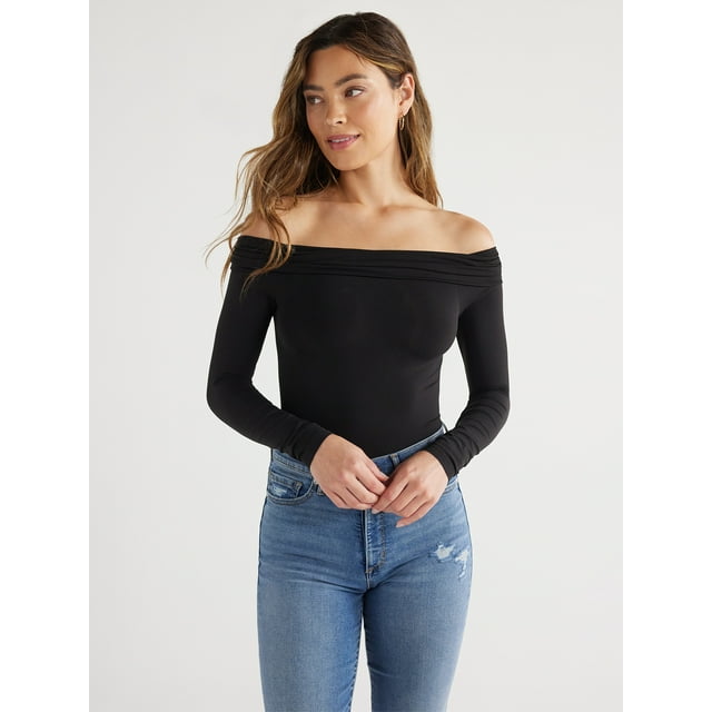 Sofia Jeans by Sofia Vergara Off-the-shoulder Long Lightweight Solid Casual Bodysuit (Women's)