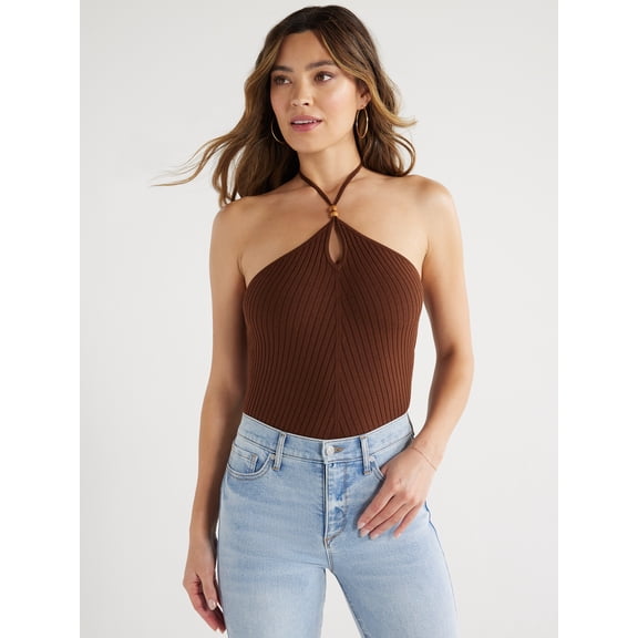 Sofia Jeans Women's Sleeveless Ribbed Halter Top with Tie Keyhole, Sizes XS-XXXL