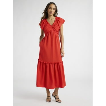 Sofia Jeans Women's and Women's Plus V Neck Dress with Flutter Sleeves, Below Calf Length, Sizes XS-4X