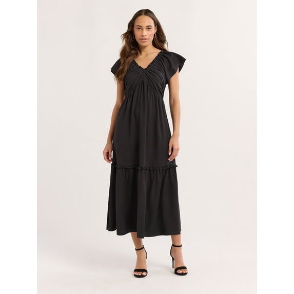 Sofia Jeans Women's and Women's Plus V Neck Dress with Flutter Sleeves, Below Calf Length, Sizes XS-4X