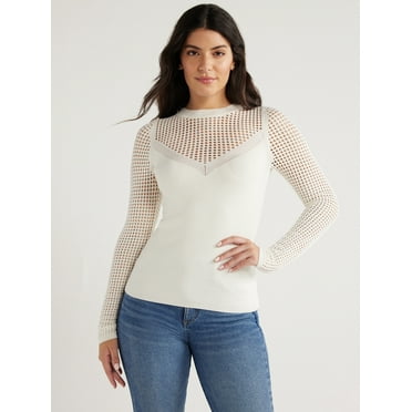Sofia Jeans Women's V-Neck Mesh Pullover Sweater with Sheer Long Sleeves, Lightweight, Sizes XS-XXXL