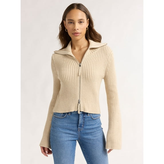 Sofia Jeans Women's Wide Collar Zip Cardigan, Lightweight, Size XS-XXXL