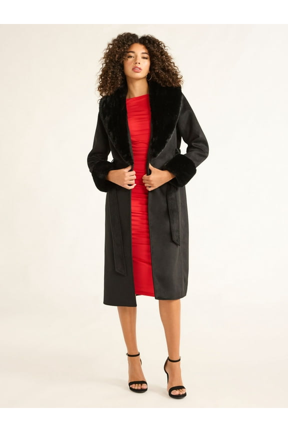 Sofia Jeans Women's and Women's Plus Faux Fur Trim Coat, Sizes XS-5X