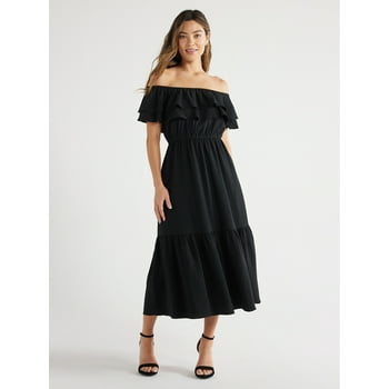 Sofia Jeans Women's and Women's Plus Maxi Dress with Double Ruffle Convertible Neck, Sizes XS-5X