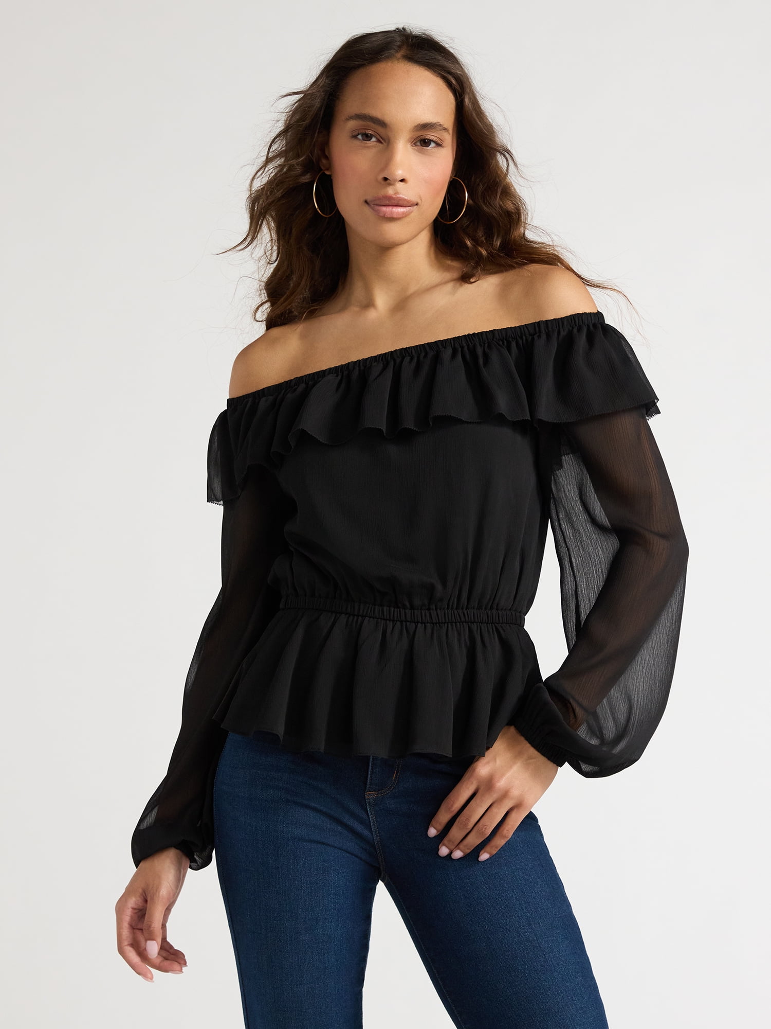 Sofia Jeans Women's and Women's Plus Off Shoulder Top with Long Sleeves, Sizes XS-5X