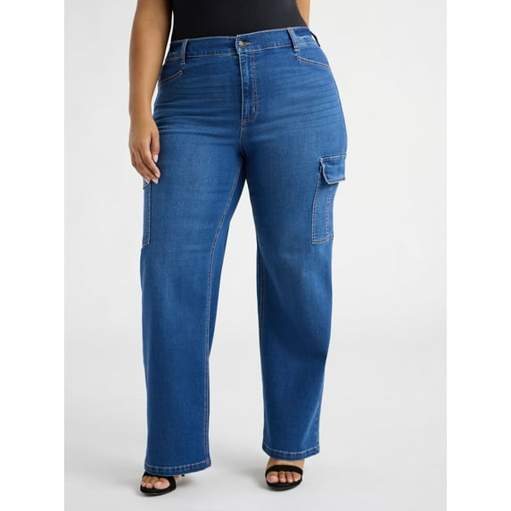 Sofia Jeans Women's and Women's Plus Relaxed Straight High Rise Cargo Jeans, Sizes 0-28W