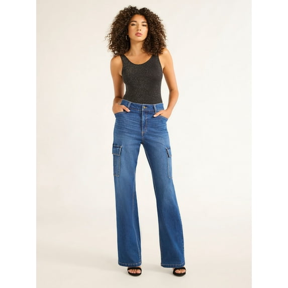 Sofia Jeans Women's and Women's Plus Relaxed Straight High Rise Cargo Jeans, Sizes 0-28W