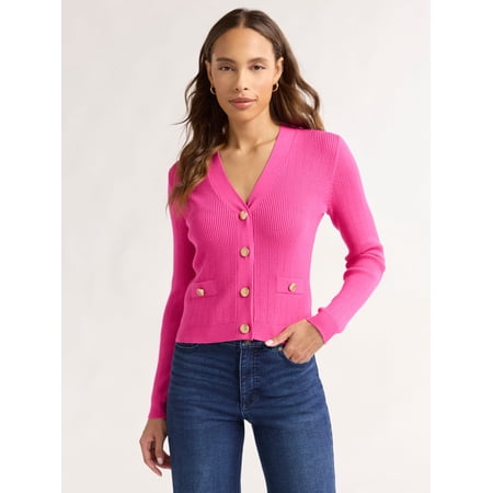 Sofia Vergara Sofia Jeans Women's and Women's Plus Ribbed Button Cardigan, Lightweight, Size XS-4X