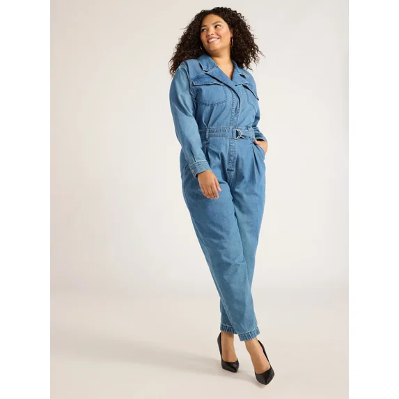 Sofia Jeans Women's and Women's Plus Size Utility Jumpsuit with Long Sleeves, 26" Inseam, Sizes XS-5X