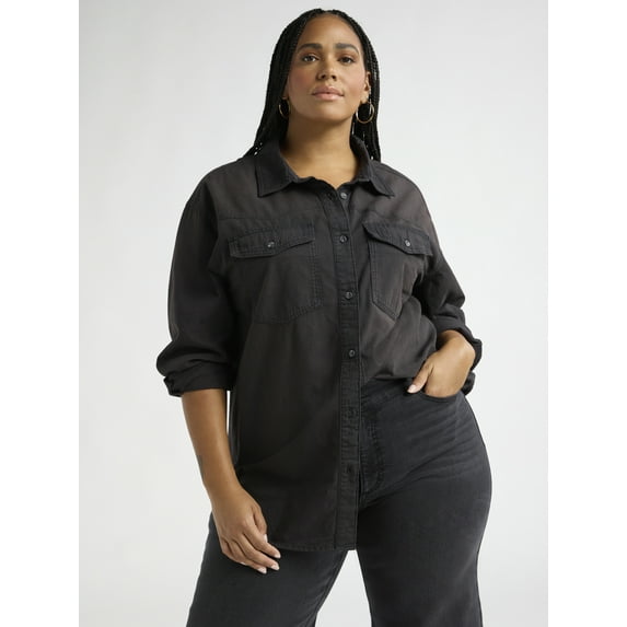 Sofia Jeans Women's and Women's Plus Sofia Oversized Boyfriend Shirt with Long Sleeves, Sizes XS-4X