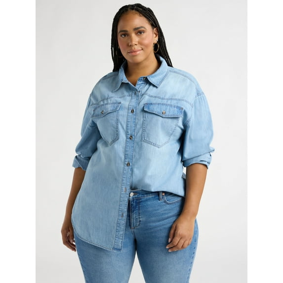 Sofia by Sofia Vergara Women's and Women's Plus Sofia Oversized Boyfriend Shirt with Long Sleeves, Sizes XS-4X