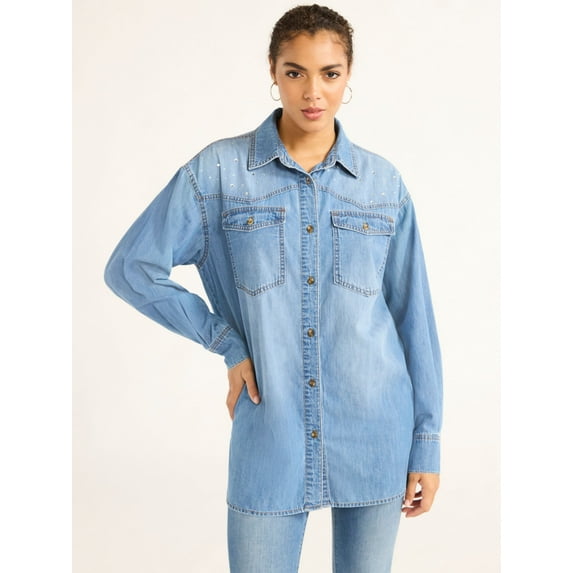 Sofia Jeans Women's and Women's Plus Sofia Oversized Boyfriend Shirt with Long Sleeves, Sizes XS-4X