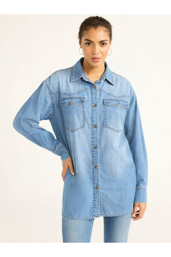 Sofia Jeans Women's and Women's Plus Sofia Oversized Boyfriend Shirt with Long Sleeves, Sizes XS-4X