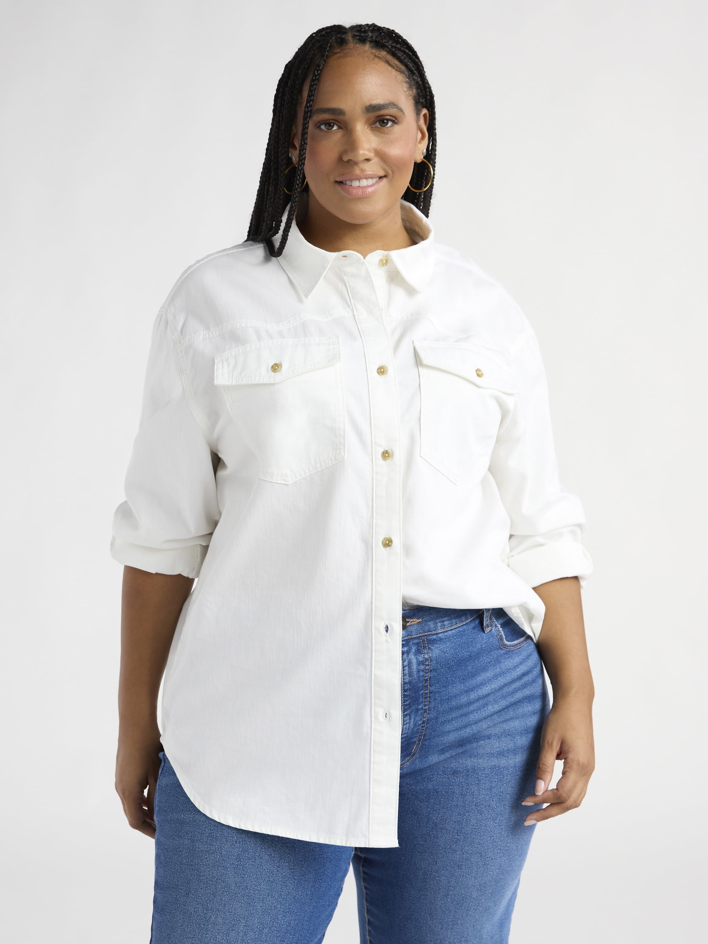 Sofia Jeans Women's and Women's Plus Sofia Oversized Boyfriend Shirt with Long Sleeves, Sizes XS-4X
