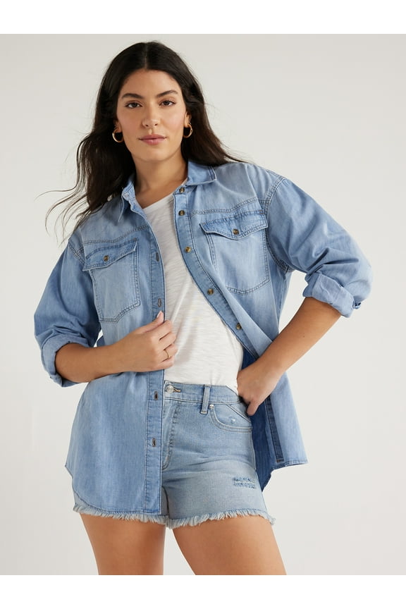 Sofia by Sofia Vergara Women's and Women's Plus Sofia Oversized Boyfriend Shirt with Long Sleeves, Sizes XS-4X