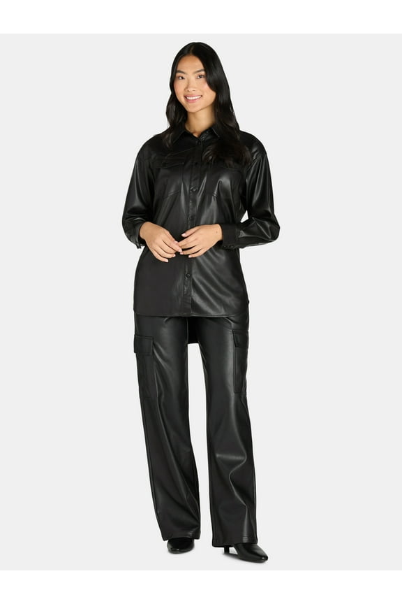 Sofia Jeans Women's and Women's Plus Sofia Oversized Faux Leather Boyfriend Shirt with Long Sleeves, Sizes XS-XXXL
