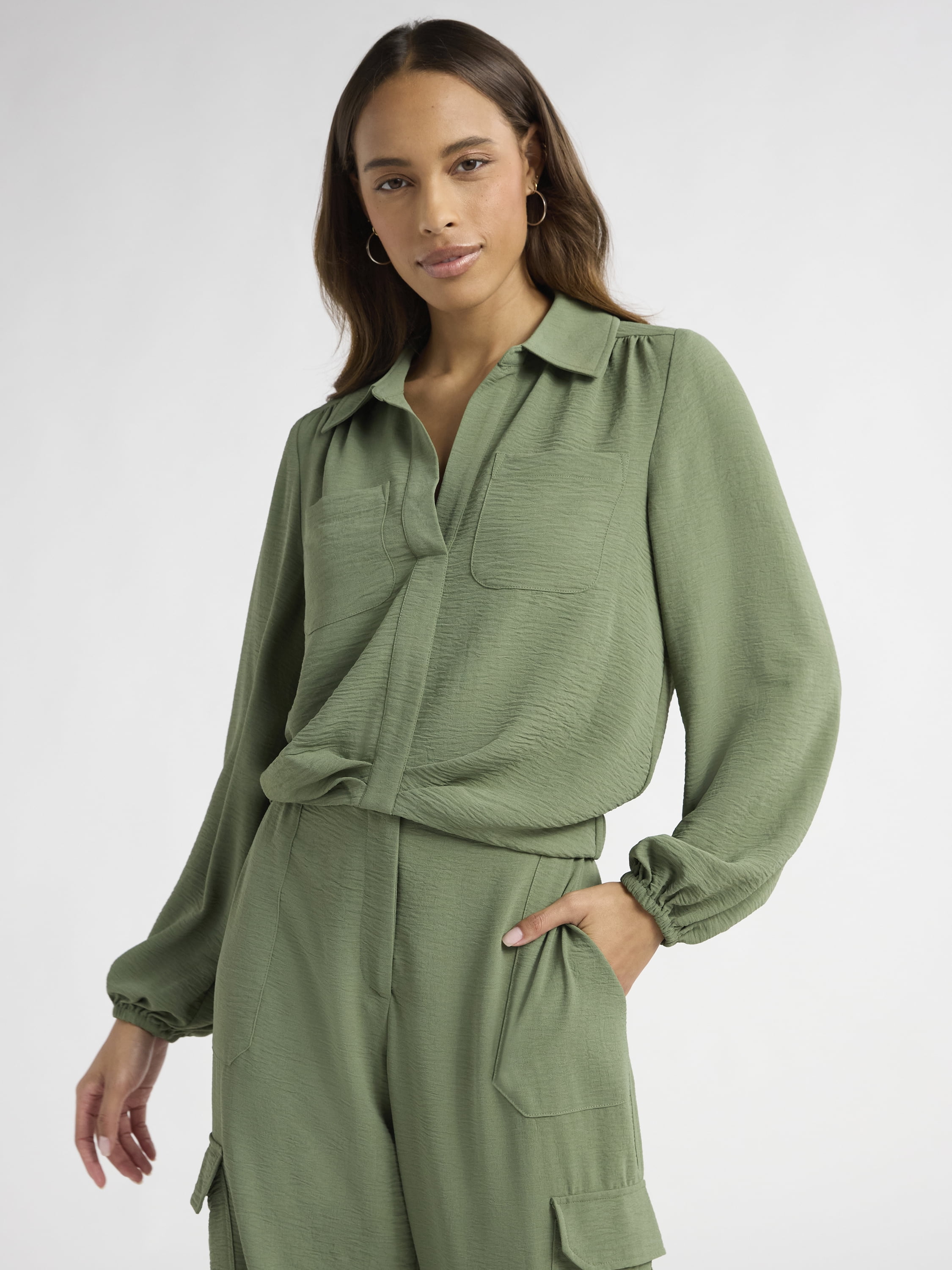Sofia Jeans Women's Utility Blouse with Long Sleeves, Sizes XS-XXXL