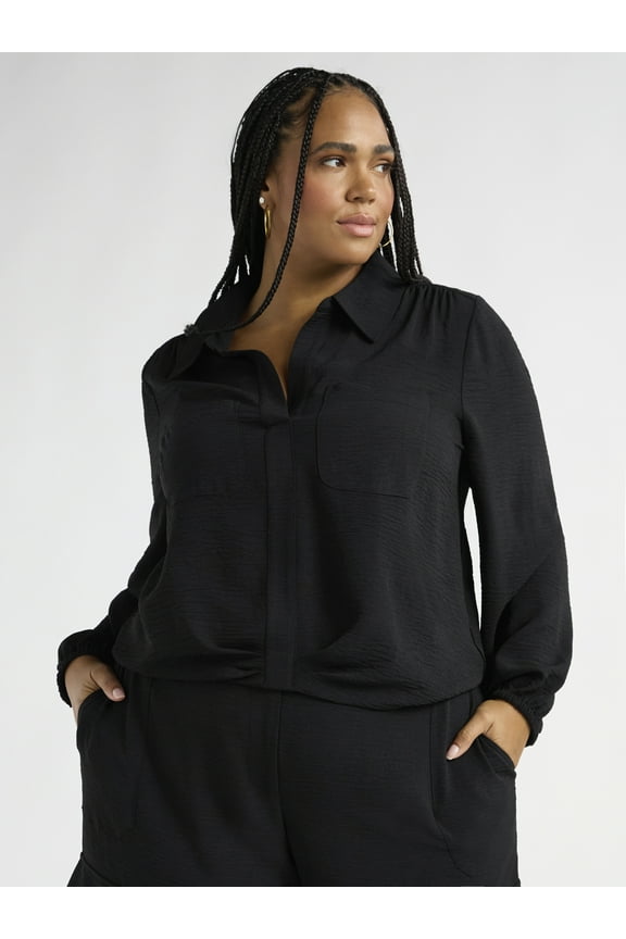 Sofia Jeans Women's and Women's Plus Utility Blouse with Long Sleeves, Sizes XS-4X