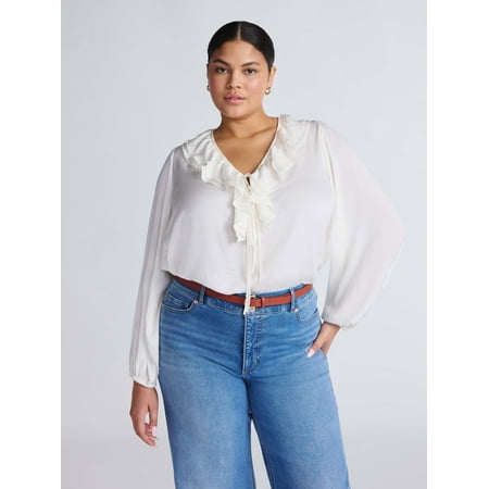 Sofia by Sofia Vergara Women's and Women's Plus Ruffle Neck Blouse, Sizes XS-4X