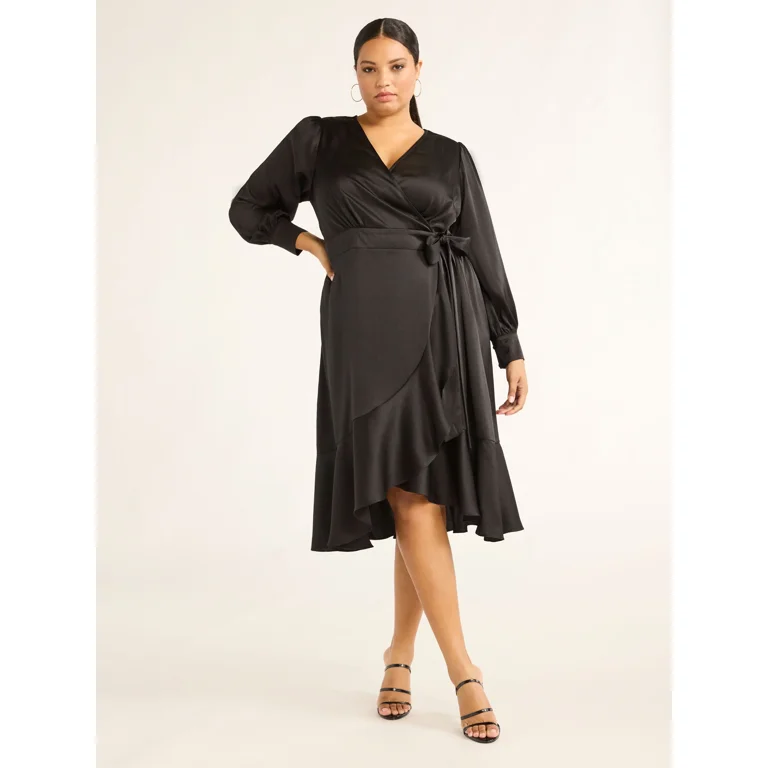 Sofia Jeans Women's and Women's Plus Faux Wrap Ruffle Dress, Mid