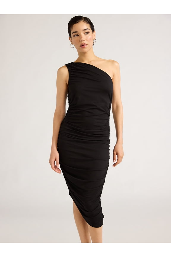 Sofia Jeans Women's One Shoulder Shirred Dress, Below Knee Length, Sizes XS-XXL