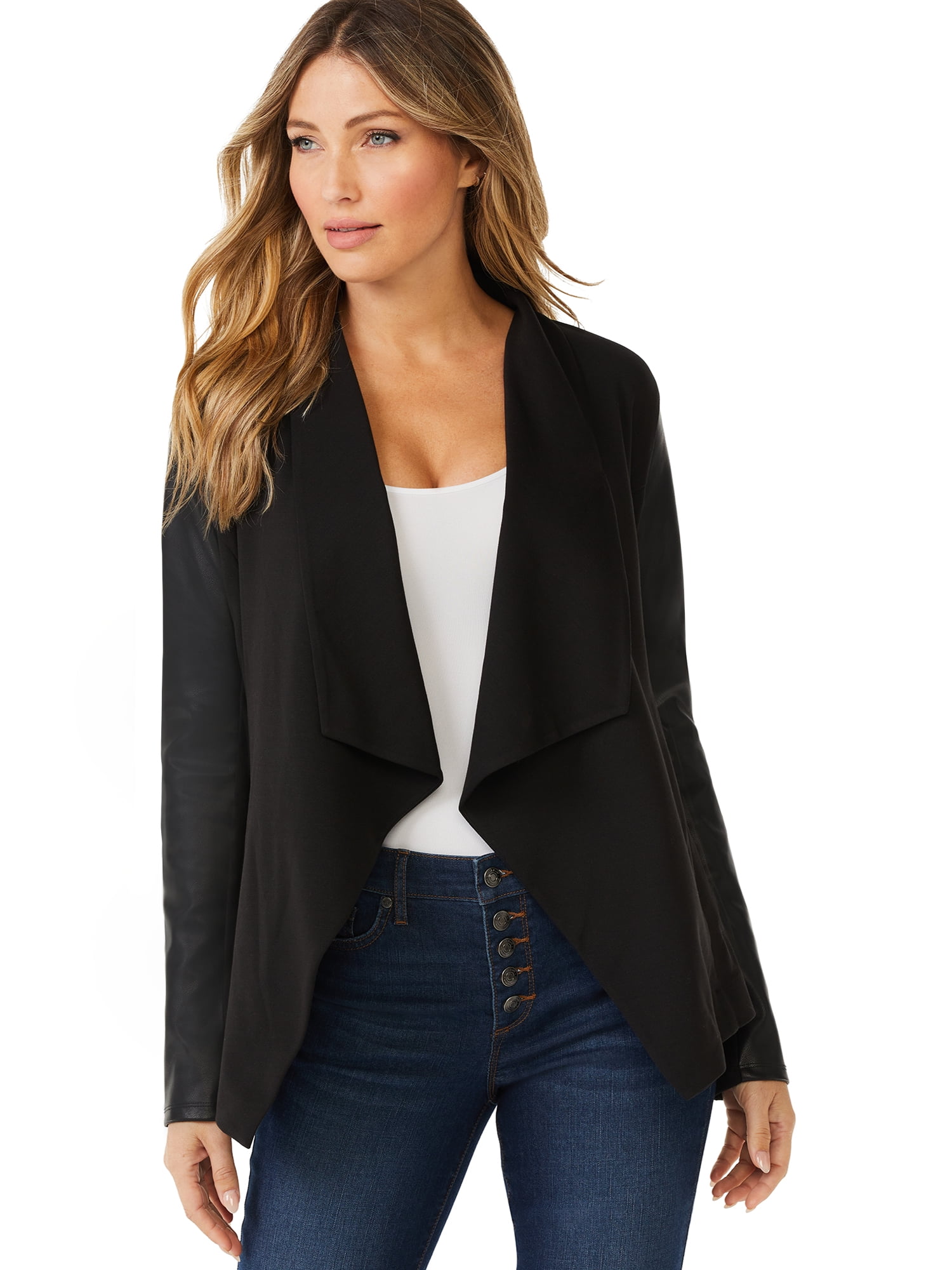 Sofia Jeans by Sofia Vergara Women's Drape Front Jacket with Faux Leather  Sleeves
