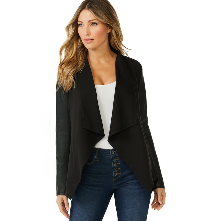 Sofia Jeans by Sofia Vergara Women's Drape Front Jacket with Faux Leather  Sleeves