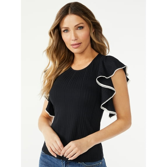 Sofia Jeans by Sofia Vergara Women's Ruffle Sleeve Cold Shoulder T-Shirt