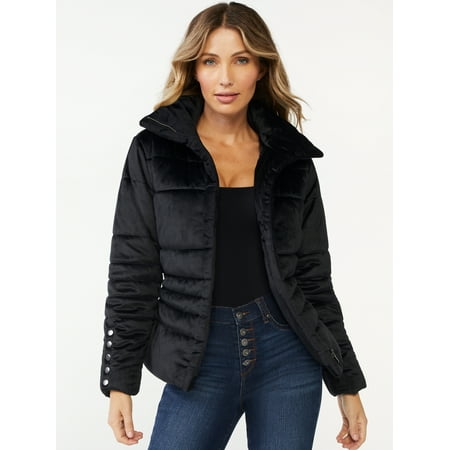 Sofia Jeans by Sofia Vergara Women's Velveteen Puffer Jacket with Belt