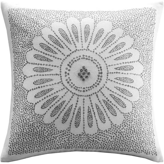 Sofia Mid Century Modern Cotton Square Decorative Pillow Sofa Cushion Lumbar, Back Support, 20"x 20", Medallion Embroidery Grey