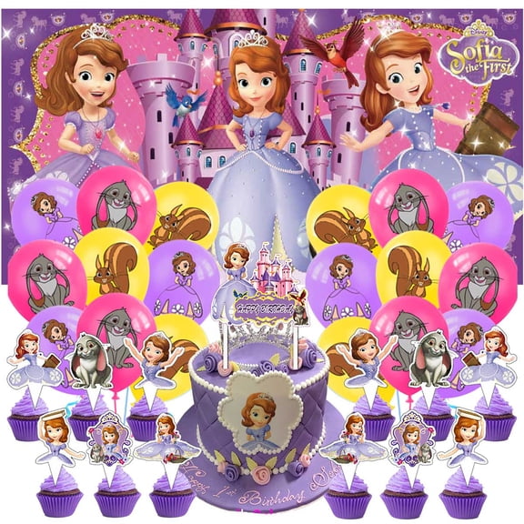 Sofia Princess Birthday Party Decor Set - 5x2.3ft Themed Backdrop Banner, Latex Balloons & Cake Toppers Party Supplies