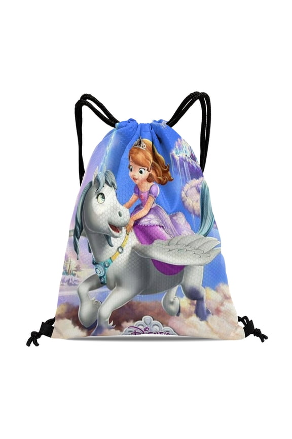 Sofia Princess Drawstring Gym Bag:Waterproof and perfect for hiking, yoga, swimming, beach activities, and shopping, with dimensions of 15.7*17.7 inches.