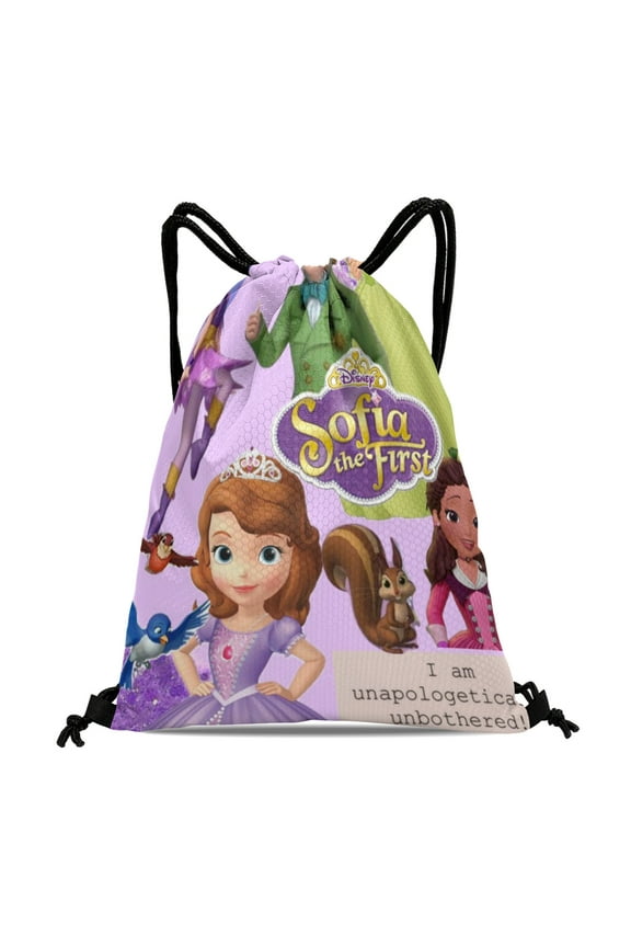 Sofia Princess Gym Drawstring Backpack:Waterproof design, ideal for hiking, yoga, swimming, travel, beach, and shopping, measuring 15.7*17.7 inches.