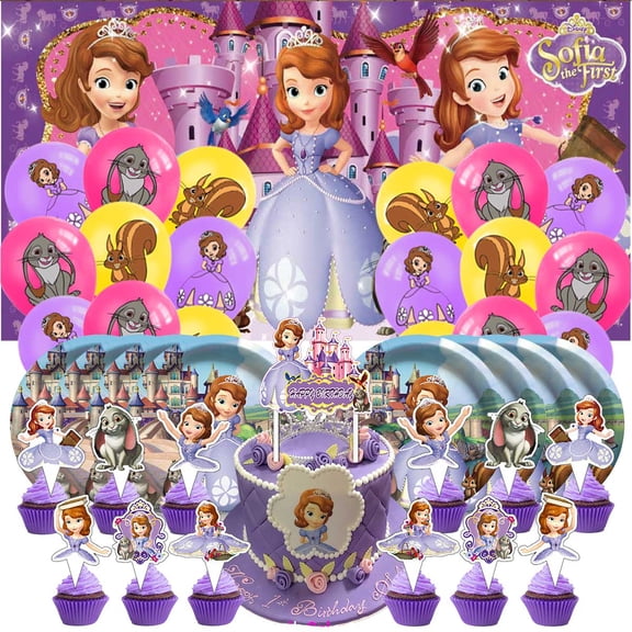 Sofia Princess Themed Birthday Party Decor Set - Balloons, Paper Plates, Cake Toppers, Tableware & 5x2.3ft Backdrop Banner