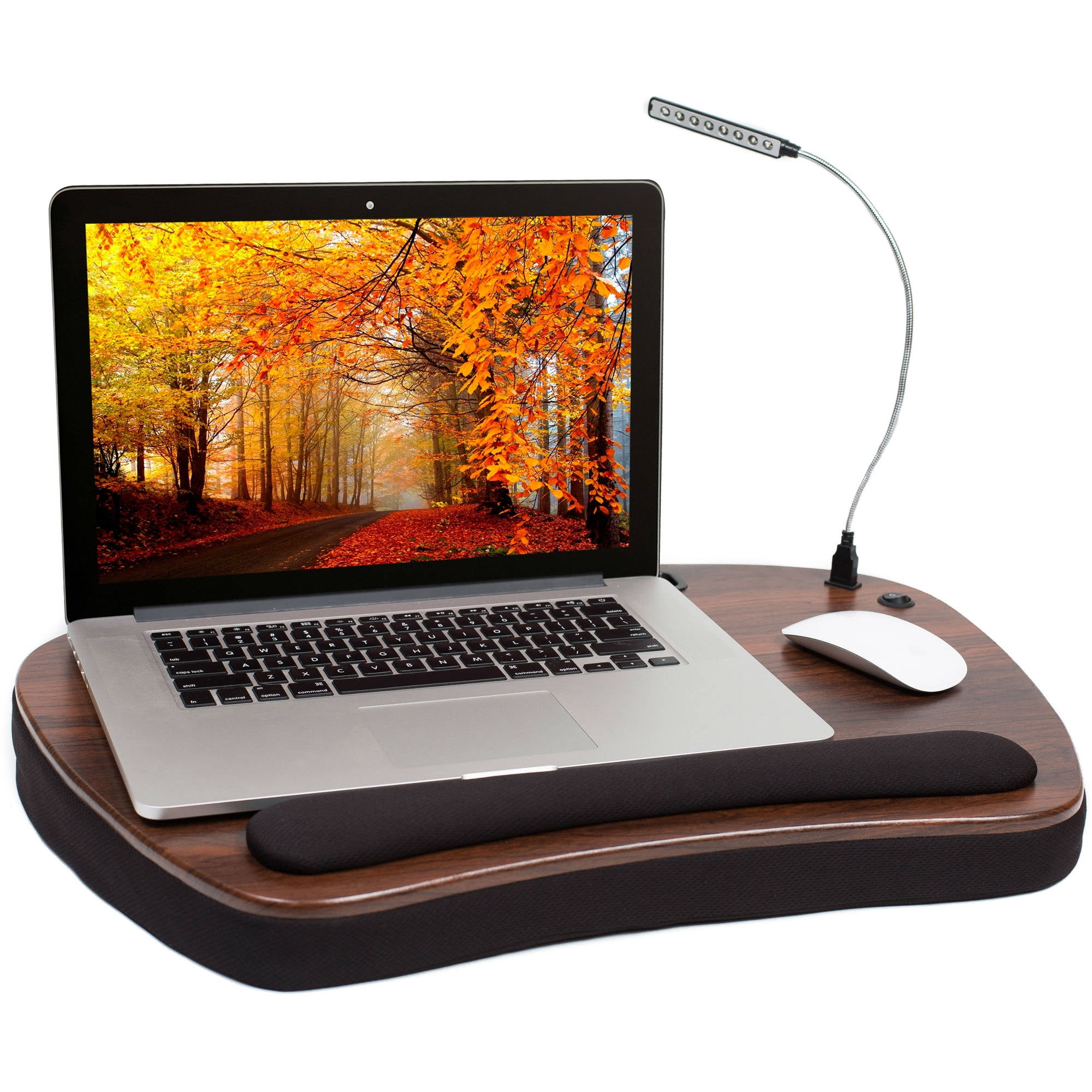 Oversized Brown and Black Wood Lap Desk with Memory Foam Cushion and USB Light