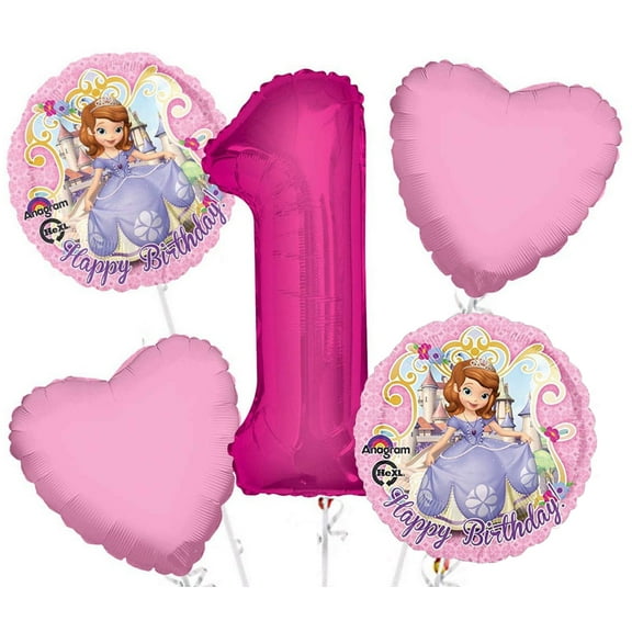 Sofia The First Balloon Bouquet 5 pc, 1st Birthday, Hotpink Number 1 Jumbo Balloon