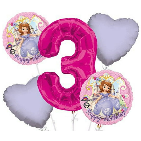 Sofia The First Balloon Bouquet 5 pc, 3rd Birthday, Hot Pink Number 3 Jumbo Balloon