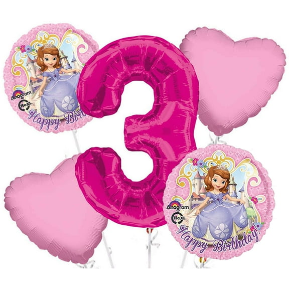 Sofia The First Balloon Bouquet 5 pc, 3rd Birthday, Hotpink Number 3 Jumbo Balloon | Viva Party Balloon Collection