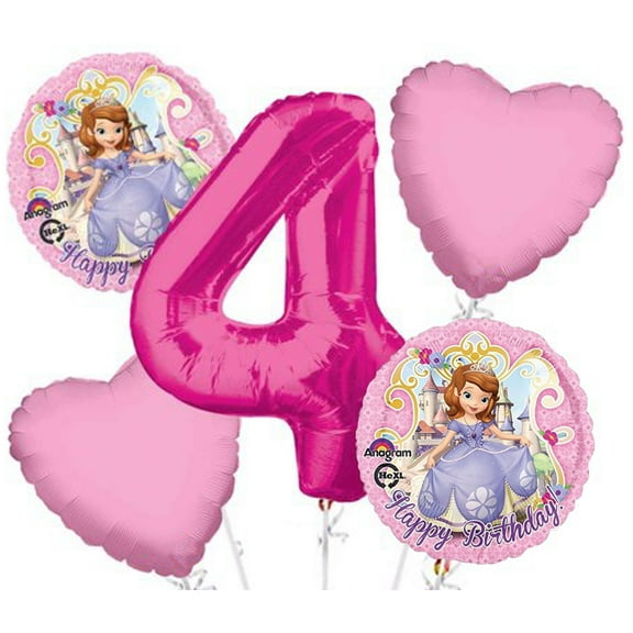 Sofia The First Balloon Bouquet 5 pc, 4th Birthday, Hotpink Number 4 Jumbo Balloon