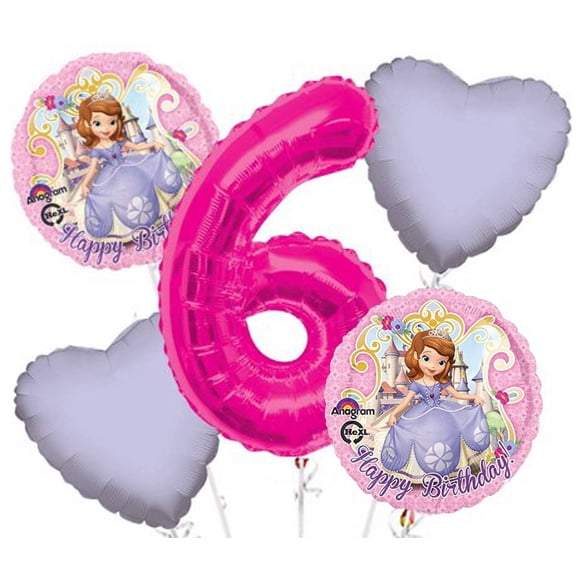 Sofia The First Balloon Bouquet 5 pc, 6th Birthday, Hot Pink Number 6 Jumbo Balloon