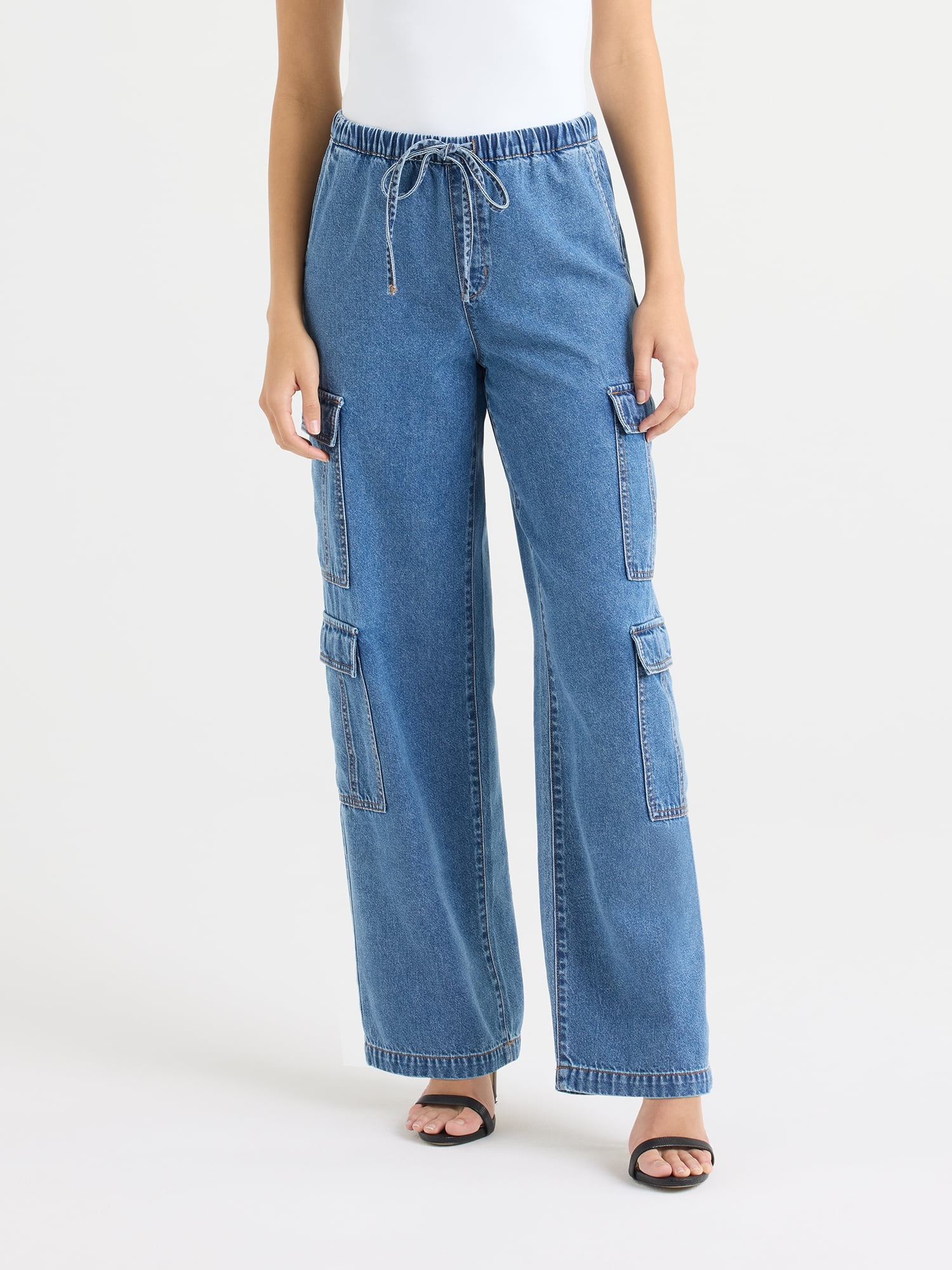 Sofia by Sofia Vergara Women's and Women's Plus Size Diana Mid Rise Relaxed Straight Cargo Jeans, 32.5" Inseam, Sizes 0-26W