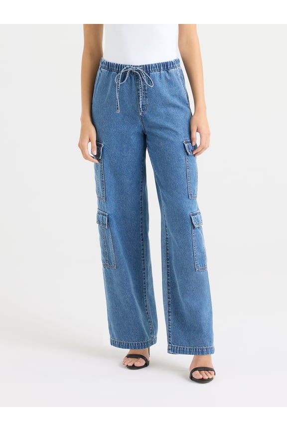 Sofia by Sofia Vergara Women's and Women's Plus Size Diana Mid Rise Relaxed Straight Cargo Jeans, 32.5" Inseam, Sizes 0-26W