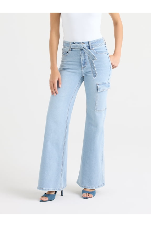 Sofia by Sofia Vergara Women's and Women's Plus Margot Wide Leg High Rise Cargo Jeans with Belt, Sizes 0-28W