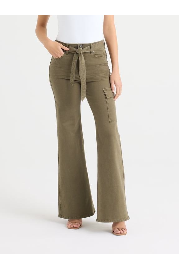 Sofia by Sofia Vergara Women's and Women's Plus Margot Wide Leg High Rise Cargo Jeans with Belt, Sizes 0-28W