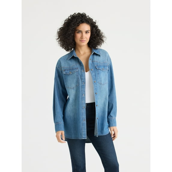 Sofia by Sofia Vergara Women's and Women's Plus Sofia Oversized Boyfriend Shirt with Long Sleeves, Sizes XS-4X