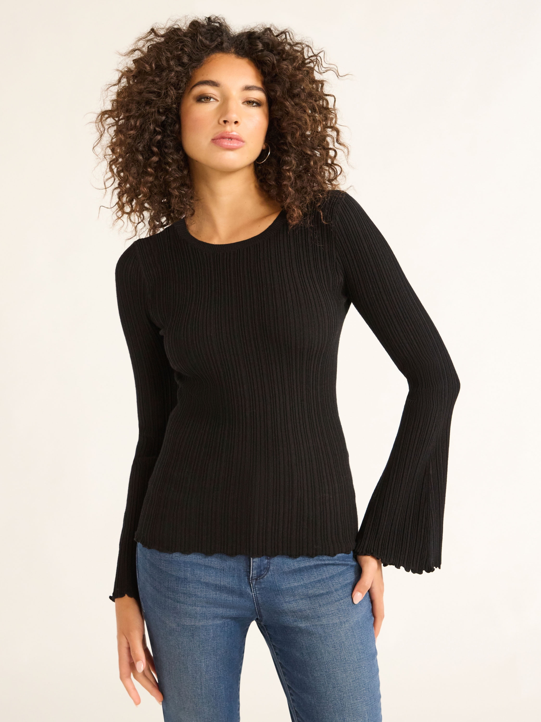 Sofia Jeans Women's Ribbed Sweater with Long Bell Sleeves, Lightweight, Sizes XS-XXL